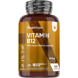 WeightWorld Vitamina B12 500 mcg, 365 Compresse Vegane, 1 Compressa al Giorno da 6mm, (1 Anno di Scorta), B12 Vitamina, Integratore Metilcobalamina Pura, Senza Magnesio Stearato né OGM, Prodotto nel Regno Unito