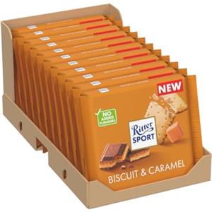 RITTER SPORT Biscotto e Caramello, Tavoletta di Cioccolato al Latte con Croccante Biscotto e Crema al Caramello, Cacao 100% Certificato Sostenibile, 11 Pezzi da 100 g