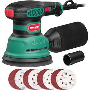 HYCHIKA BETTER TOOLS FOR BETTER LIFE HYCHIKA Levigatrice Orbitale, 300W 12000OPM Levigatrice per Legno, 6 Velocità, con 16 Pezzi Dischi Abrasivi 125, Con Funzione di Frenata Rapida per Levigare e Lucidare il Legno
