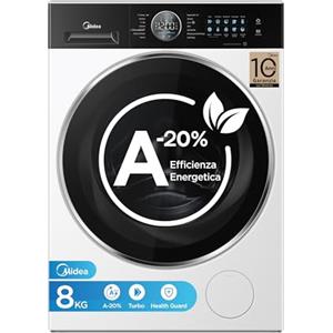 Midea Lavatrice Carica Frontale, 8 kg, Classe A-20%, 1400 Giri, Vapore, Silent Inverter Motor, Lavaggio Potente e Rapido,Pannello Touch, Bianco - MF21EW80B