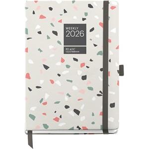 Miquelrius - Agenda settimanale vista 2026, facile da trasportare (122 x 168 mm), pianificazione settimanale, copertina rigida cartone, spirale, chiusura elastica, carta 80 g/m², ES-EN-PT, Terrazzo