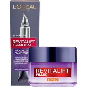 L'Oreal Paris L'Oréal Paris Revitalift Filler Trattamento Rivolumizzante Crema Anti-Rughe SPF 50 Acido Ialuronico per Pelli Mature 50ml + Revitalift Filler Crema Contorno Occhi Concentrata Idrata e Rimpolpa 15ml
