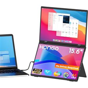HONGO 15.6" Monitor portatile, Doppio Schermo Portatile FHD 1080P, Triple Monitor Pieghevole Supporto Wins/Mac con USB Tipo C, 100% sRGB Laptop Schermo Esterno Rotazione di 180°/360° Nessun Driver