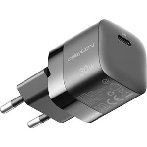 deleyCON Caricabatterie USB C (Caricatore Rapido Compatto 30W) Alimentatore USB-C per Apple iPhone 16, 15, Pro, Pro Max, iPad, AirPods 4, Airpods Max, Watch, Samsung Galaxy S25/S24, Cellulare - Nero