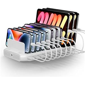 Alxum Stazione di ricarica USB da 60 W a 10 porte per più dispositivi, stazione di ricarica multi USB con uscita 5 V/2,4 A per telefono, tablet e altro, bianco