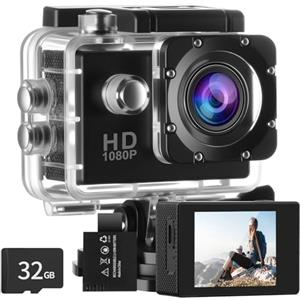 Aolso 1080P/30FPS Action Cam Con 32GB Scheda, Sports Camera Ultra HD Impermeabile fino a 30 m, Action Camera per Casco con Batterie 900 mAh e Accesorios Multiples per Ciclismo Sci Paracadutismo