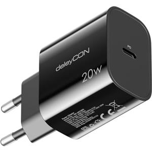 deleyCON Caricatore USB‑C (Ricarica Rapida) - Alimentatore USB‑C per iPhone 17/16/15, Pro, Air, Max, iPad, AirPods 4, AirPods Max, Watch, Galaxy S25/S24/S23, Pixel, Smartphone, PD 3.0 Charger - Nero