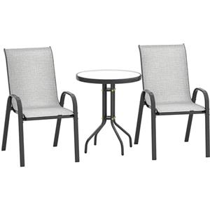 Outsunny Set da Bistro 3 Pezzi con 2 Sedie da Giardino Traspiranti Impilabili e Tavolino Rotondo, Set Tavolo e Sedie da Giardino in Acciaio e Vetro, Set da Giardino per Patio, Cortile, Grigio