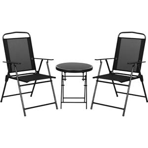 Outsunny Set da Giardino 3 Pezzi con 2 Sedie da Giardino e Tavolino Rotondo Pieghevoli, Set Tavolo e Sedie da Giardino in Metallo e Vetro, Set da Bistro per Patio, Cortile, Esterno, Nero