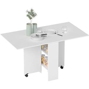 HOMCOM Tavolo da Pranzo Pieghevole, Tavolo Cucina a Ribalta per 6 Persone, Scrivania Richiudibile Salvaspazio con 2 Ripiani Aperti e Ruote a Freno, per Soggiorno, Ufficio, 140x75x74cm, Bianco