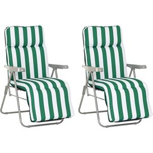 Outsunny Sedia Sdraio da Spiaggia da 2 Pezzi Pieghevole e Reclinabile, Lettini Prendisole da Giardino con Cuscino Imbottito, Verde e Bianco