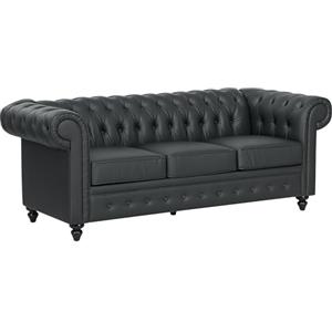 HOMCOM Divano 3 Posti Stile Chesterfield in Finta Pelle, Divanetto da Salotto Trapuntato con Braccioli e Imbottitura Spessa, Sofà con Gambe in Legno di Gomma per Soggiorno e Ufficio, Nero