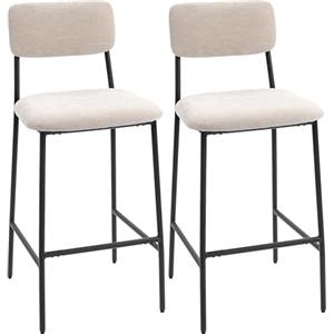 HOMCOM Set 2 Sgabelli Bar, Sgabelli Cucina Alti in Chenille con Schienale Alto, Poggiapiedi e Seduta Morbida Spessa, Struttura in Acciaio, Sedie Bar Alte, per Penisola, Sala da Pranzo, Bancone, Crema