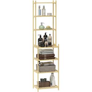 HOMCOM Mobile Scaffale Bagno in Bambù a 7 Ripiani Portaoggetti, Scaffalatura per Doccia, Mensola Libreria Mobile Contenitore per Soggiorno e Salotto, 44x33x180 cm, Colore Legno