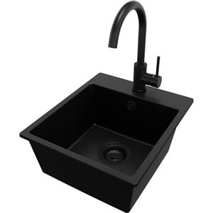 PRIMAGRAN Lavandino da Cucina Tutto Nero 38x44cm, Lavello in Granito a 1 vasca + Rubinetto 32x20cm + Sifone Classico, Lavabo Incasso al mobile 40cm - Riga Easy S010