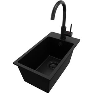 PRIMAGRAN Lavandino da Cucina Tutto Nero 28x50cm, Lavello in Granito a 1 vasca + Rubinetto 32x20cm + Sifone Classico, Lavabo Incasso al mobile 30cm - Riga S061