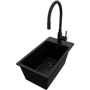 PRIMAGRAN Lavandino da Cucina Tutto Nero 28x50cm, Lavello in Granito a 1 vasca + Rubinetto 40x38cm + Sifone Classico, Lavabo Incasso al mobile 30cm - Riga S069