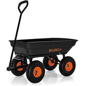 BOUDECH® Carrello da giardino porta attrezzi ribaltabile con rimorchio a spinta in metallo inossidabile - Carriola da giardino a 4 ruote con portata max 250KG