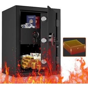 WASJOYE Cassaforte Ignifuga, Grandi Cassaforte da Armadio Cassetto Ignifugo,Tastiera e Chiavi Digitali, Cassaforte di Sicurezza, Cassaforte a Muro per Casa Hotel Ufficio Soldi Gioielli Pistola, 57L