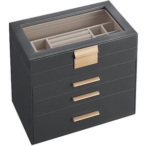 SONGMICS Scatola Portagioie, 4 Livelli, Coperchio in Vetro, 3 Cassetti, Porta Gioielli, Occhiali da Sole e Accessori Grandi, Moderno, Grigio e Dorato JBC161C01
