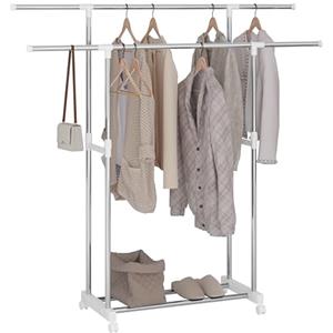 WOLTU Stand Appendiabiti con Ruote, Doppia Asta Appendiabiti, Rella Appendiabiti, Altezza e Larghezza Regolabile, per Camera da Letto Soggiorno,(75,5-151,5) x(94-171) x42 cm, Argentato+Bianco