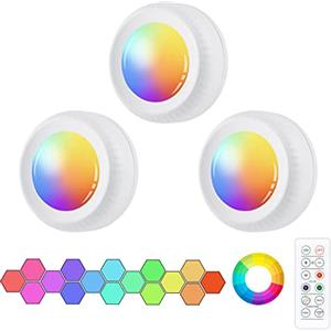 Vicloon Faretto LED alimentato a batteria con telecomando, 3 luci LED RGB per armadio, 16 colori, dimmerabile, con magnete/colla per camera da letto, armadio, cucina