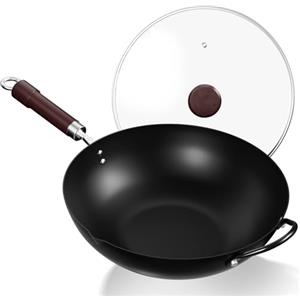 Jobin 32 cm/12,6'' Wok Antiaderente in Acciaio al Carbonio con Coperchio, Manici in Legno e Acciaio Può Cucinare Piatti Asiatici per 3-5 Persone - Fondo Piatto