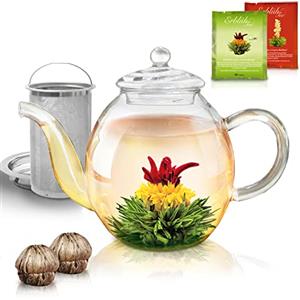 Creano Teiera in Vetro 1L con 2 Fiori di Tè - Filtro Acciaio Inossidabile e Coperchio Vetro - Antigoccia Elegante Teiera Trasparente per Tè e Infusi Regalo Perfetto - 1,0 l