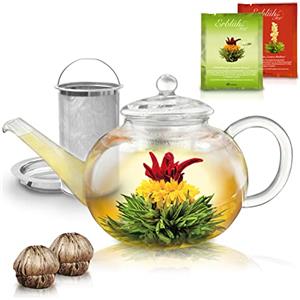 Creano Teiera in Vetro 1,2 l - Include 2 Fiori di Tè - Teiera con Filtro Integrato in Acciaio Inossidabile e Coperchio in Vetro, Antigoccia