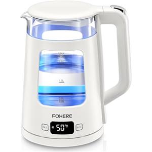 FOHERE Bollitore Elettrico, Bollitore in Vetro da 1.7L con Funzione Keep Warm, 5 Controlli di Temperatura, 2200W di Ebollizione Rapida, Spegnimento Automatico e Protezione Contro L'ebollizione a Secco