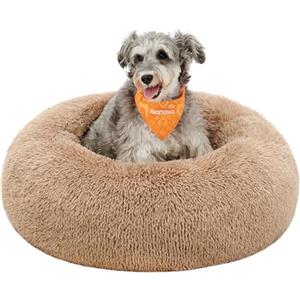 Feandrea Cuccia Cane Interno, Cuccia per Cani, Lettino per Animali Domestici a Ciambella, Cuscino Sfoderabile e Lavabile, Tappeto di Peluche, Diametro 70 cm, Marrone Cammello PGW039K01