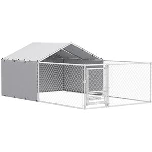 PawHut Kennel Recinto per Cani da Esterno con Tetto Anti-UV Impermeabile e Ciotole Girevoli, Box Canile Gabbia per Cani Taglia Media e Grande con Porta con Blocco in Acciaio, 400x230x150 cm, Argento