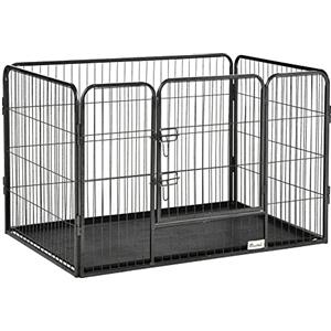 PawHut Box per Cani Recinzione in Metallo per Animali con 4 Pannelli, Porta con Doppio Blocco e Vassoio sul Fondo, 109x74x71cm, Grigio