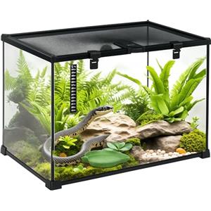 PawHut Terrario per Rettili Rialzato con Serratura e Porta per Alimentazione, Terrario per Tartarughe e Serpenti in Vetro Temperato e Rete Metallica, 50x30x35 cm, Nero