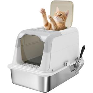 PawHut Lettiera per Gatti Chiusa a 2 Ingressi con Deodorante e Paletta, Lettiera per Gattini in Acciaio Inox, ABS e PP, 60.4x40.4x41.8 cm, Bianco e Grigio