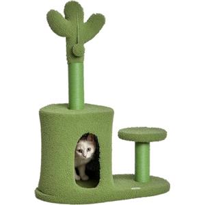 PawHut Albero per Gatti a forma di Cactuscon Lettino con Corda Sisal, Palline e Cuccia, Torre per Gatti in Truciolato e Ciniglia, 60x35x78cm, Verde