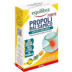 Equilibra Propoli Balsamico Forte, Compresse Masticabili Mal di Gola e Voce, Effetto a Lunga Durata, con Propoli, Eucalipto, Erisimo e Vitamina B2, Adatto a Vegetariani, Senza Glutine e Senza Lattosio