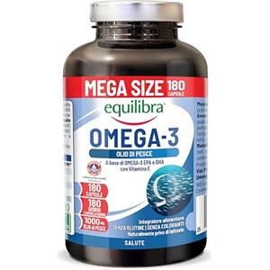 Equilibra Omega 3, Olio di Pesce 2000mg, EPA 582mg e DHA 388mg per Dose max, Scorta 6 mesi, 180 capsule, Normale Funzione Cardiaca, Funzionalità Cerebrale e Capacità Visiva, Senza Glutine e Lattosio