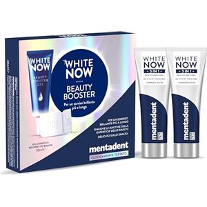 Mentadent WHITE NOW Beauty Booster Kit + 2 confezioni di Dentifricio Mentadent WHITE NOW 3 IN 1 Original, Kit Sbiancante, 96% di Origine Naturale, Rimozione macchie, Efficace e Delicato sullo Smalto