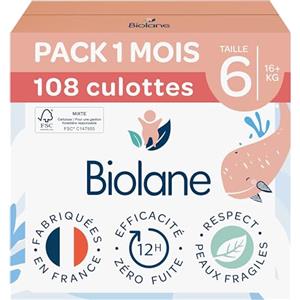 BIOLANE - Pannolini mutandine - Taglia 6 (16+ kg) - Zero perdite per 12h - Confezione 1 mese - 108 pannolini - Eco-responsabile - Made in France
