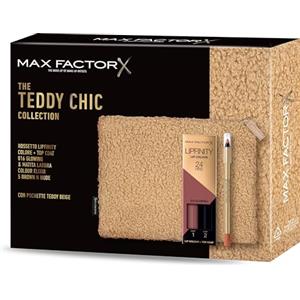 Max Factor, Cofanetto Regalo Donna Teddy Chic, Pochette in morbido tessuto teddy con Rossetto Lipfinity 016 Glowing + Colour Elixir Matita Labbra 5 Brown 'n Nude