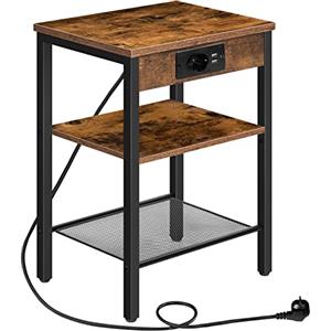 HOOBRO Tavolino con Stazione di Ricarica e Porta USB, Comodino a 3 Ripiani con Ripiani Regolabili, Tavolino Stretto per Soggiorno, Camera da Letto e Balcone, Marrone Vintage e Nero EBF112CBZ01