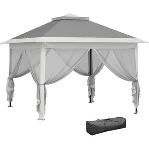 Outsunny Gazebo Pop Up 3.3x3.3 m Regolabile in Altezza su 3 Livelli con Zanzariere, Pannelli Laterali e Borsa da Trasporto, Gazebo da Esterno con Tetto Doppio in Metallo e Tessuto Oxford, Grigio Scuro