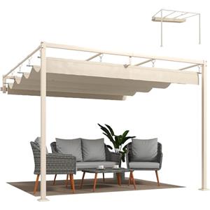 Outsunny Gazebo Pergola Addossata 3x3 m con Tetto Retrattile Scorrevole, Fori di Drenaggio, Pergolato da Giardino in Poliestere e Acciaio, per Patio, Terrazzo, Esterno, UV30+, Beige