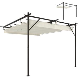 Outsunny Gazebo Pergola Addossata 3x3 m con Tetto Retrattile Scorrevole, Fori di Drenaggio, Pergolato da Giardino in Poliestere e Acciaio, per Patio, Terrazzo, Esterno, UV30+, Bianco Crema
