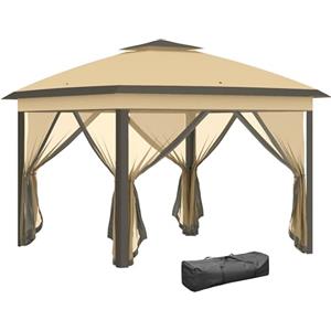 Outsunny Gazebo Pop Up 3.3x3.3 m Regolabile in Altezza su 3 Livelli con Zanzariere, Pannelli Laterali e Borsa da Trasporto, Gazebo da Esterno con Tetto Doppio in Metallo e Tessuto Oxford, Beige