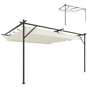 Outsunny Gazebo Pergola Addossata 3x4 m con Tetto Retrattile Scorrevole, Fori di Drenaggio, Pergolato da Giardino in Poliestere e Acciaio, per Patio, Terrazzo, Esterno, UV30+, Bianco Crema