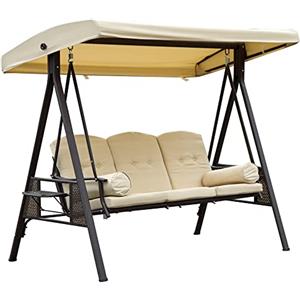 Outsunny Dondolo da Giardino 3 Posti in Metallo, Dondolo da Esterno con Tetto Inclinabile e Cuscini Imbottiti, 208x121x172 cm, Beige