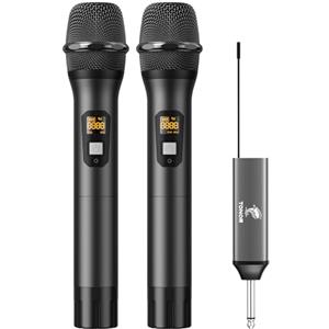 TONOR Microfono Senza Fili, UHF Sistema Microfonico Dinamico a Doppio Cordless in Metallo con Ricevitore Ricaricabile, Set di Microfoni Wireless per Canto Karaoke, DJ, 60m (TW630), Nero