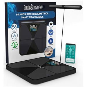 GeniaScreen Bilancia Impedenziometrica Smart Wi-Fi Pesapersone Digitale Ricaricabile 56 Misurazioni Vetro Temperato 32x30cm Portata 180Kg GeniaScreen SmartCore Display LED - Massa Muscolare Grasso BMI Bluetooth